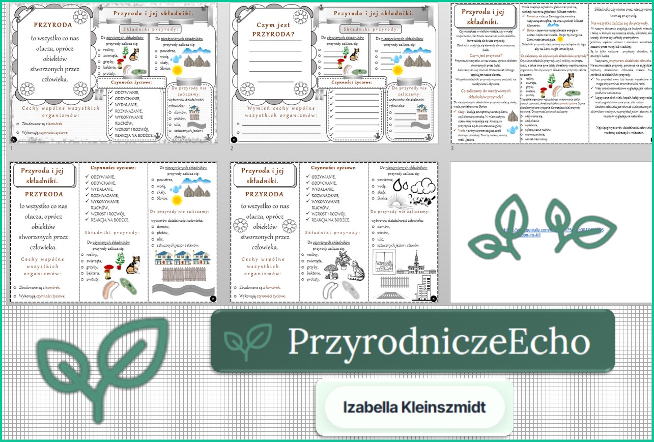 Mały zestaw na jedną lekcję: sketchnotka/notatka, karta pracy plus gratisowa prezentacja multimedialna „Przyroda i jej składniki” w pdf. Przyroda. Klasa 4. Dział „Poznajemy warsztat przyrodnika”.