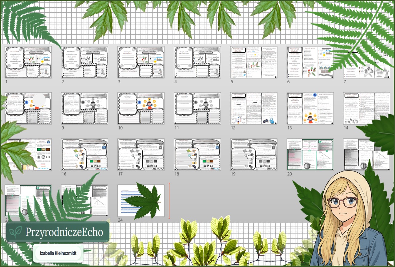 Średni zestaw na lekcje do całego działu: sketchnotki/notatki, karty pracy plus gratisowe prezentacje multimedialne w pdf. Przyroda. Klasa 4. Dział „Poznajemy warsztat przyrodnika”.
