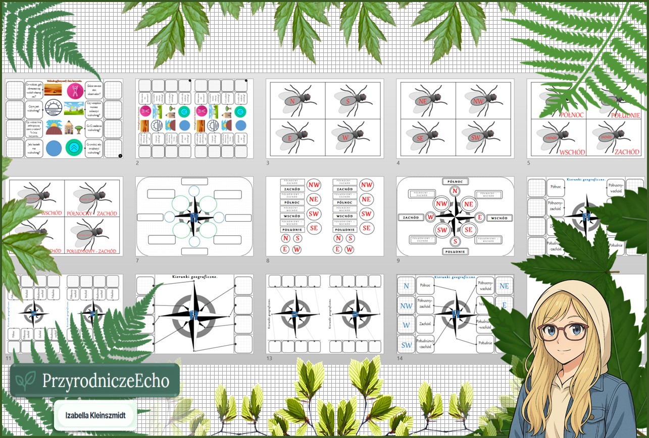 Pomysł na lekcję/pomysł na projekt/układanka/ materiał do lekcji do tematu „Określamy kierunki geograficzne” w pdf. W gratisie niekomercyjny scenariusz lekcji/pomysł na lekcję w programie genial.ly do edycji. Na podstawie wydawnictwa Nowa Era. Przyroda 4. Dział „Poznajemy warsztat przyrodnika”.