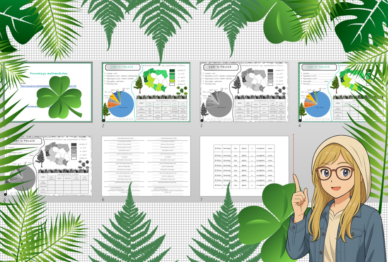 Tetralogia - zestaw: sketchnotka, karta pracy, materiały do przeprowadzenia lekcji, pomysł na lekcję do tematu „Lasy w Polsce” w pdf. W gratisie niekomercyjne: prezentacja multimedialna oraz scenariusz lekcji/pomysł na lekcję w programie genial.ly do edycji. Na podstawie wydawnictwa Nowa Era. Geografia 7 . Dział „Środowisko przyrodnicze Polski".