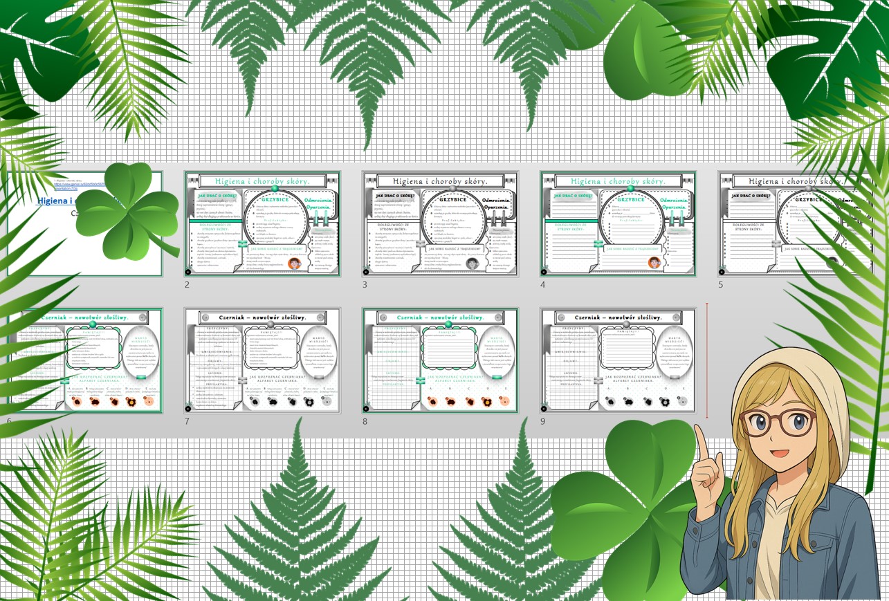 Mały zestaw na jedną lekcję: sketchnotka/notatka, karta pracy plus gratisowa prezentacja multimedialna „Higiena i choroby skóry” "Czerniak" w pdf. Biologia. Klasa 7. Dział „Organizm człowieka. Skóra - powłoka organizmu".