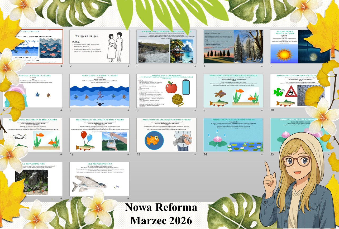 Prezentacja multimedialna w genial.ly do edycji „Jak żyje się w wodzie?” wykonana na podstawie podręcznika „Przyroda” Nowa Era. Przyroda 4. "Odkrywam przyrodę". Dział „Życie w wodzie”.
