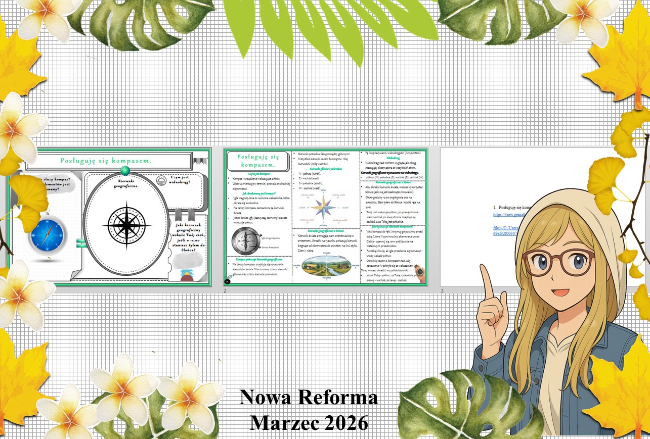 Mały zestaw na jedną lekcję: sketchnotka/notatka/przypomnienie dla nauczyciela, karta pracy plus prezentacja multimedialna „Posługuję się kompasem” w pdf. Przyroda "Odkrywam przyrodę". Klasa 4. Dział „Spotkanie z przyrodą".