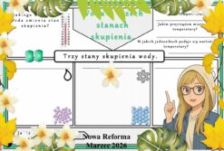 Karta pracy z przyrody do klasy 4 "Woda w trzech stanach skupienia". Przygotowana na podstawie podręcznika „Odkrywam przyrodę” wydawnictwa Nowa Era. Dział "Obserwuję zjawiska przyrodnicze".