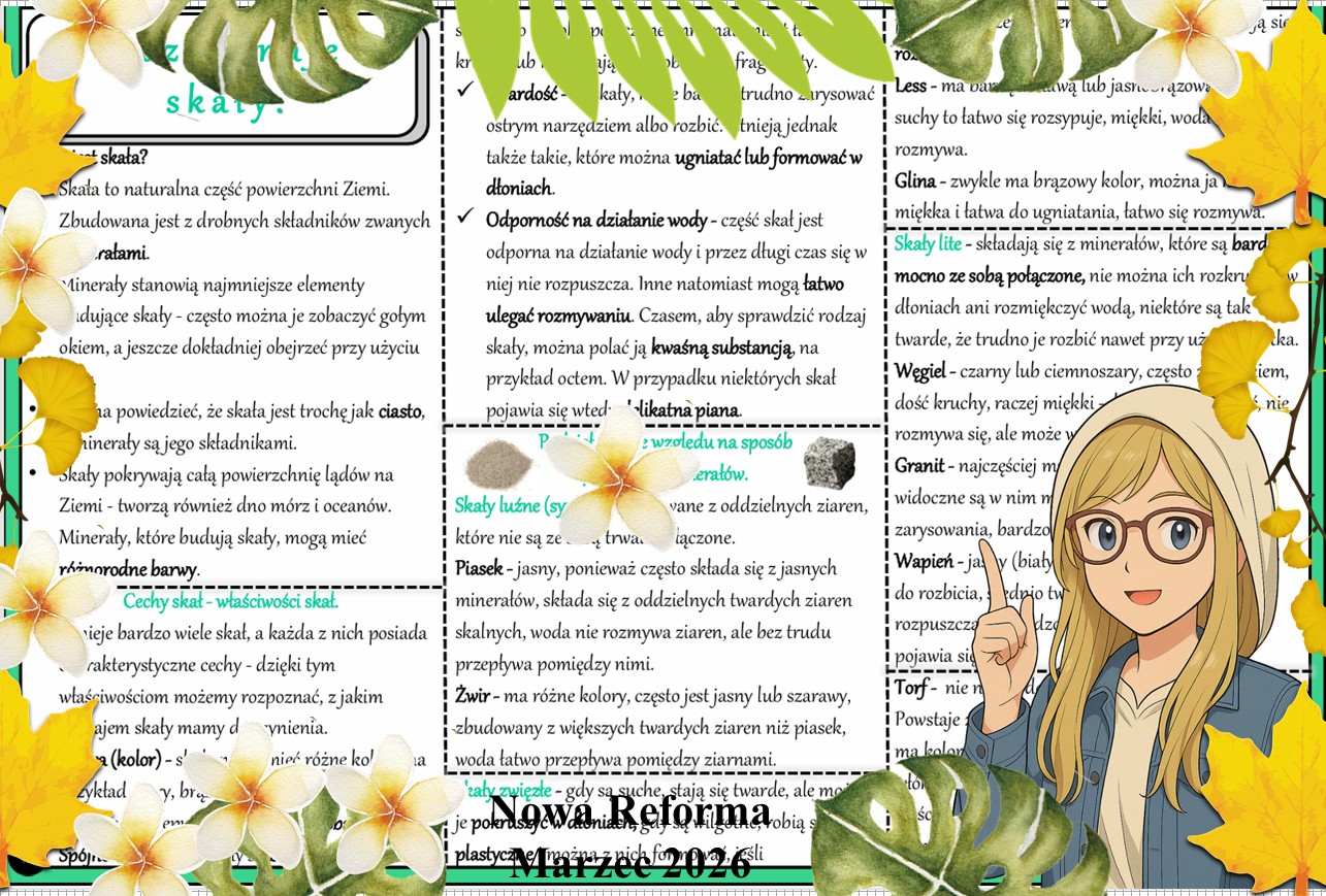 Sketchnotka/notatka - dla ucznia i przypomnienie dla nauczyciela w pdf. Temat "Rozpoznaję skały". Przyroda 4. "Odkrywam przyrodę" zgodna z wydawnictwem Nowa Era. Dział "Moja okolica".