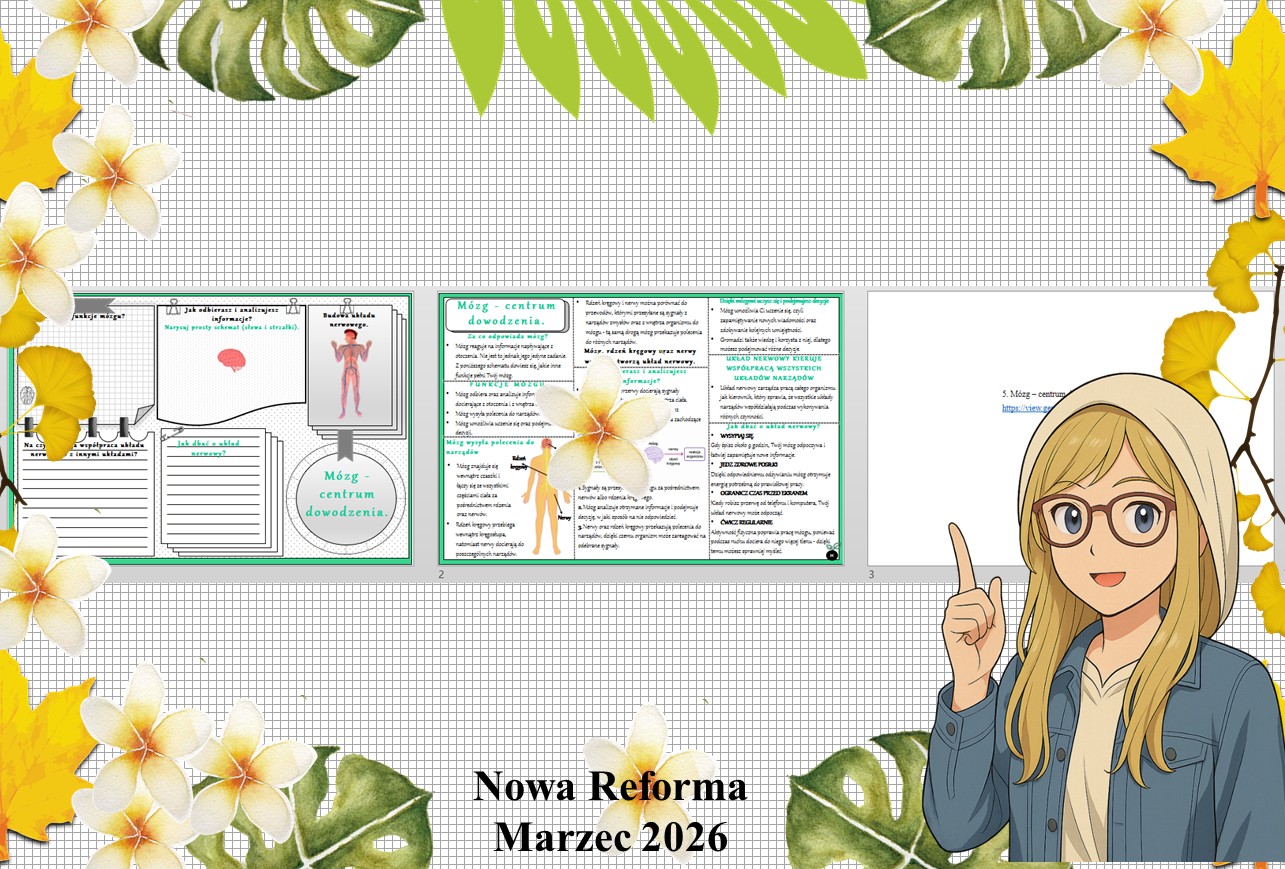 Mały zestaw na jedną lekcję: sketchnotka/notatka/przypomnienie dla nauczyciela, karta pracy plus prezentacja multimedialna „Mózg - centrum dowodzenia” w genial.ly. Przyroda "Odkrywam przyrodę". Klasa 4. Dział „Jak działa moje ciało?".
