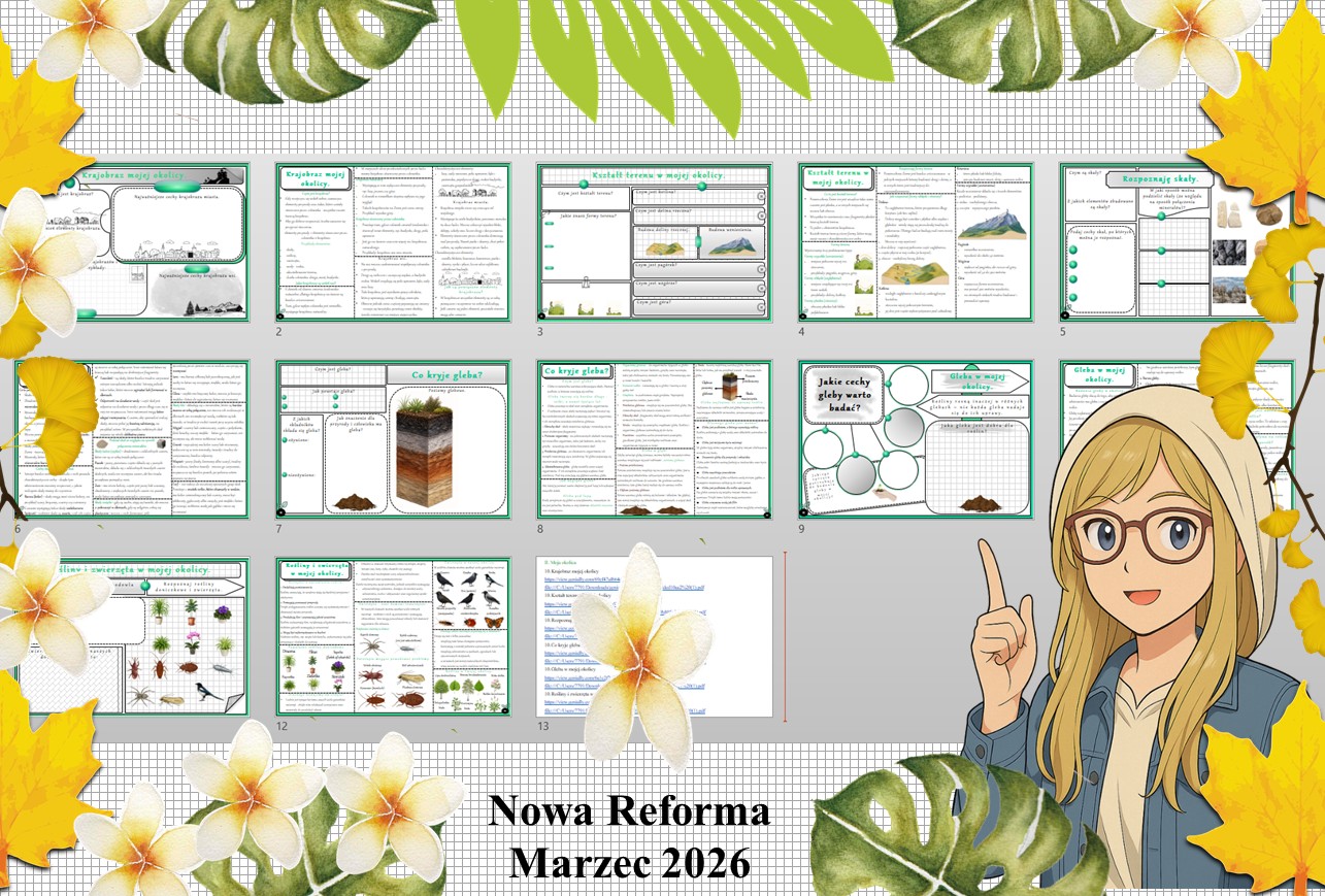 Średni - kompletny zestaw materiałów do jednego działu z przyrody "Moja okolica": sketchnotka, karta pracy w pdf i prezentacja multimedialna w genial.ly do edycji. Przyroda 4. "Odkrywam przyrodę" - dostosowane do wydawnictwa Nowa Era.
