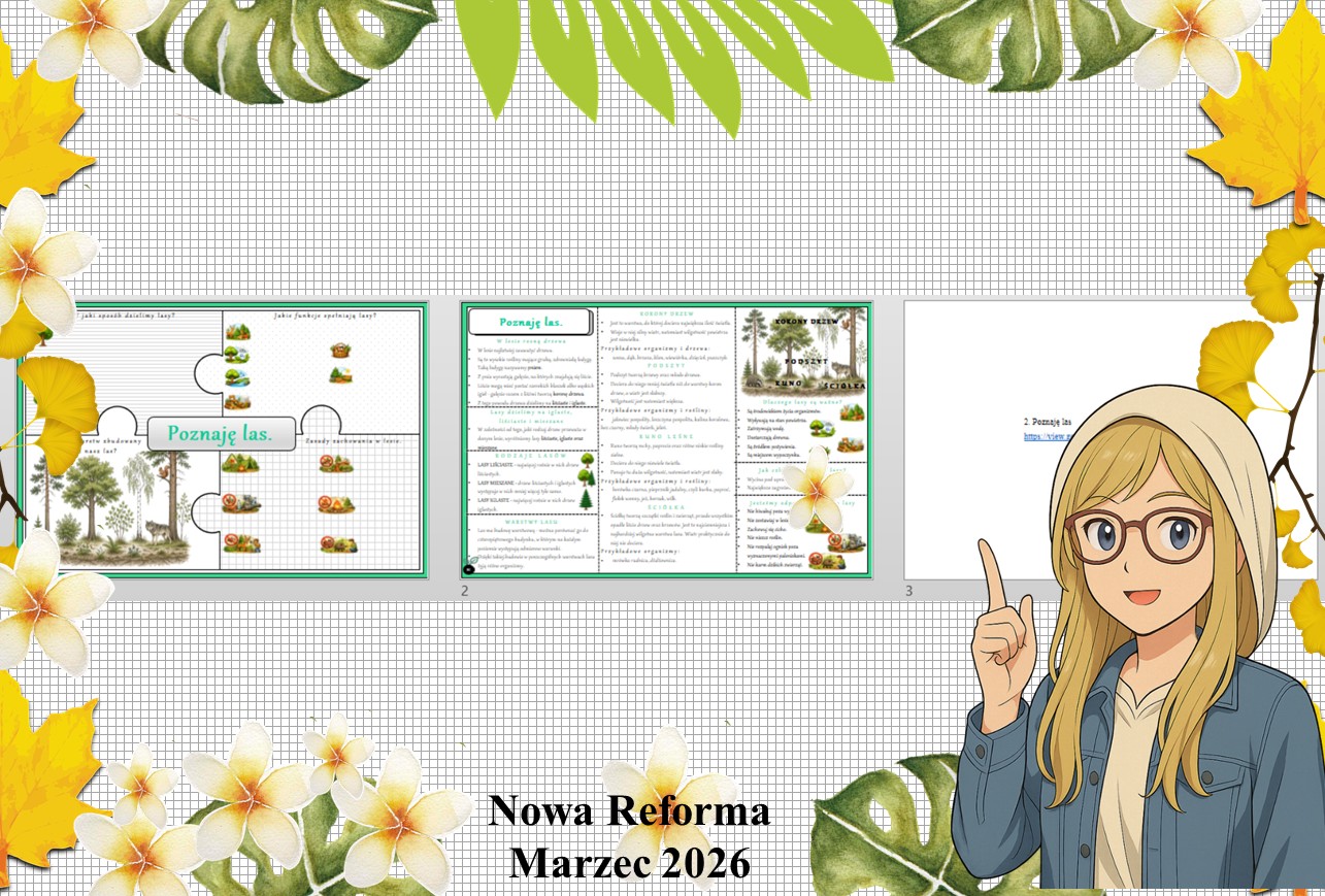 Mały zestaw na jedną lekcję: sketchnotka/notatka/przypomnienie dla nauczyciela, karta pracy plus prezentacja multimedialna „Poznaję las” w genial.ly. Przyroda "Odkrywam przyrodę". Klasa 4. Dział „Życie na lądzie".