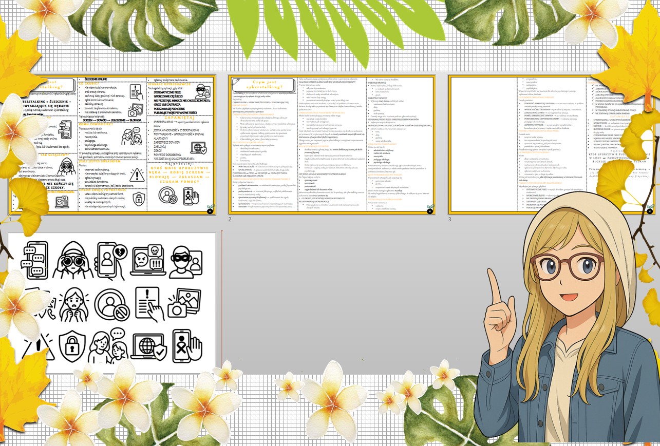 Sketchnotka/notatka dla ucznia i osobna notatka jako przypomnienie dla nauczyciela w pdf. Temat "Czym jest cyberstalking?". Edukacja zdrowotna. Klasa 4.