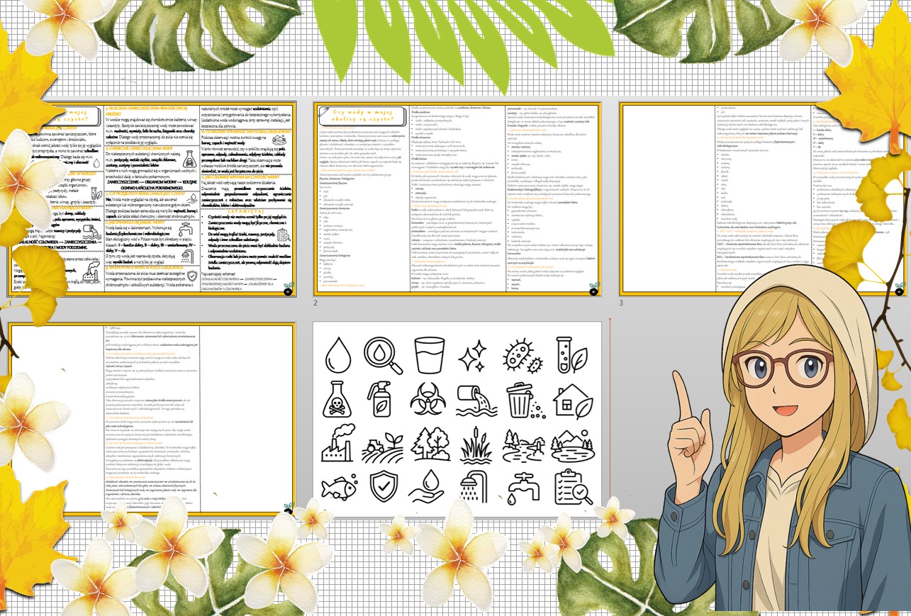 Sketchnotka/notatka - dla ucznia i przypomnienie dla nauczyciela w pdf. Temat "Czy wody w mojej okolicy są czyste?". Edukacja zdrowotna. Klasa 5.