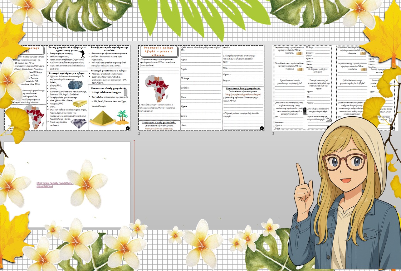 Mały zestaw na jedną lekcję: sketchnotka/notatka, karta pracy plus gratisowa prezentacja multimedialna „Przemysł i usługi w Afryce" w pdf. Geografia. Klasa 8. Dział „Afryka”.